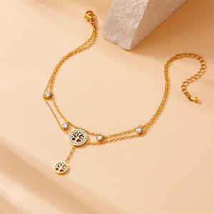 Élégante Chaîne de Cheville Arbre de Vie à Deux Niveaux en Acier Inoxydable Plaqué Or avec Pendentif Goutte d'Eau en Zircon Cubique, Tendance et Délicate pour les Vacances - Product Image 3