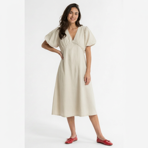 Robe midi bohème en coton et lin, unie et respirante, à manches bouffantes - Robe de soirée élégante à col en V et taille naturelle pour femme - Product Image 1