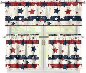 วันประกาศอิสรภาพ อย่าลืมฮีโร่ของเรา ผ้าม่านครัวลายธงชาติอเมริกัน ผ้าม่านหน้าต่างลายดอกไม้ ผ้าม่านสั้นแบบวาลานซ์ 3 ชิ้น - Product Image 2