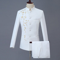 Blazer à col montant de style chinois, costume et pantalon pour homme brodés d'or, ensemble 2 pièces, tendance