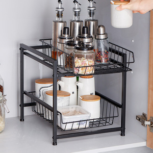 Tiroirs empilables en acier de fer noir à 2 niveaux cuisine verticale salle de bains rangement sous évier armoire organisateur d'épices - Product Image 2