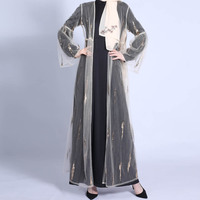 Trompette manches paillettes décoration étage longueur taille ample voir à travers noir blanc rose couleur Muslimah Abaya