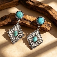 Boucles d'oreilles clous vintage western géométriques en alliage, motif fleur et turquoise, avec breloque diamant et dentelle, pour femme, cadeau, bijoux