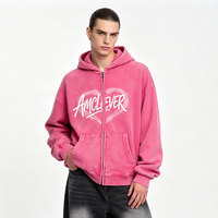 AMCLEVER 370GSM Fleece Lined Boxy Short Zip up Hoodie Pria Vintage Batik Washed Casual Streetwear Tebal Hangat ODM OEM Jaket