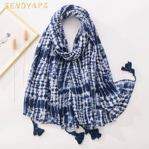 新スタイル女性カラフルなタイダイコットンリネンスカーフ花柄プリントスカーフ180*90cmロングショールタッセル付き - Product Image 1