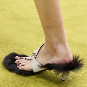 Low Heels Women <b>Clip</b> Toe Fluffy Fur Slides Dress on Metal Decor Thong Sandals Fashion Summer Slippers Shoes Size 43 - Product Image 2