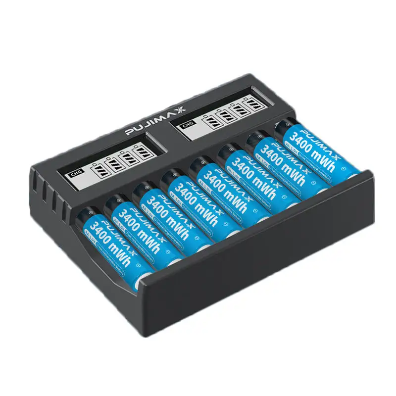 Pujimax LCD hiển thị 8 Khe cắm thông minh AA AAA có thể sạc lại pin bộ sạc 1.5V Lithium Battery Charger cho Li ion sạc pin