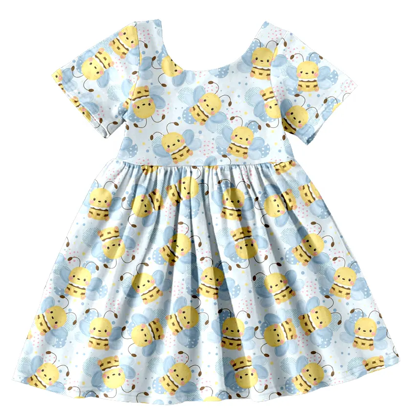 Summer flower print girls knee length boutique dress children clothes