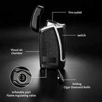 Briquet à cigares coupe-vent en alliage de zinc avec poinçon à cigares pliable intégré, rechargeable au butane, double flamme bleue, accessoires pour cigares