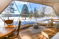 Pod de glamping géodésique, grand igloo de camping, tente dôme gonflable avec salle de bain
