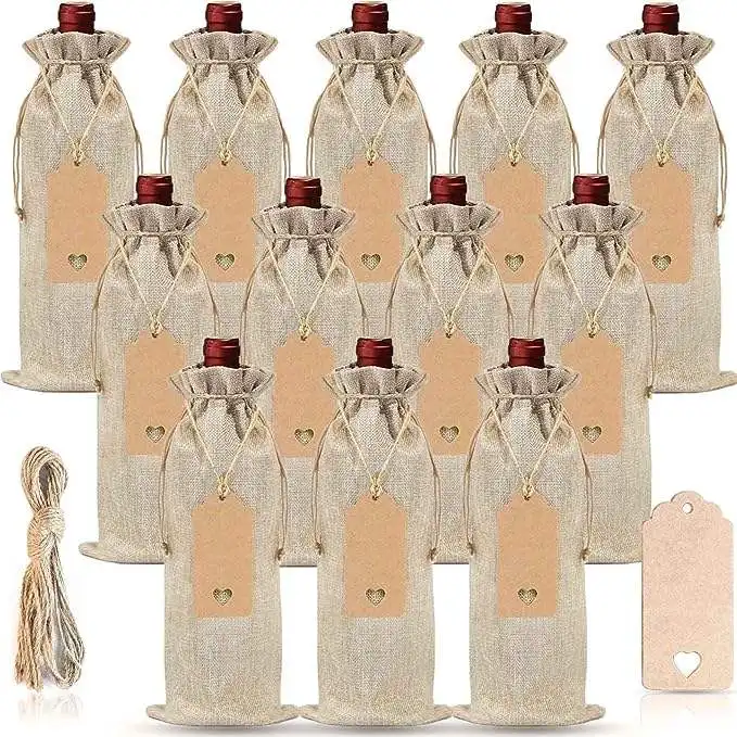 Cheap Eco Friendly Custom Logo Single Bottle Wine Packaging Hessian Burlap Jute Linen Wine Drawstring Bag