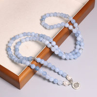 Collier Mala en pierre naturelle de 8 mm, aigue-marine, pendentif cœur en quartz rose avec arbre de vie, cadeau bohème pour la méditation et la prière