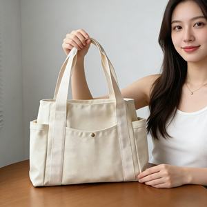 حقيبة تسوق قماشية صديقة للبيئة مطبوعة بشعار وحجم مخصص مع جيوب متعددة، حقائب حمل قطنية سادة للنساء لحمل البقالة على الكتف - Product Image 3