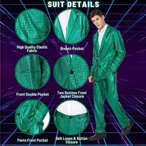 Jaket dan celana payet Laser hijau pria, setelan PROM poliester dewasa untuk pesta ulang tahun dan disko Halloween