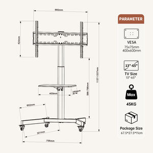 Verstellbarer TV-Ständer aus Stahl mit Rollen für Büro, Hotel oder Einzelhandel - Mobiler Wagen mit Drehhalterung für 65-Zoll LCD/LED-Fernseher - Product Image 2