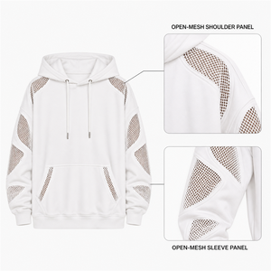 <b>Women's</b> <b>White</b> <b>Hoodie</b> Drop Shoulder Pullover Sweatshirt Hole Mesh Cutout Long Sleeve Casual Hooded Top - Product Image 3