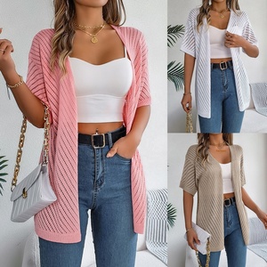 <span class=keywords><strong>Cárdigan</strong></span> de punto hueco de manga corta estilo europeo-americano para mujer, ideal para vacaciones de verano - Product Image 1
