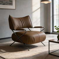 Fauteuil de lecture moderne en cuir marron, écologique, capitonné, avec accoudoir unique, structure métallique, inclinable, pour la maison, le bureau, la bibliothèque