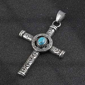 Collar con Colgante de Cruz Cristiana de Acero Inoxidable, Estilo Retro, con Piedra Turquesa Natural, para Hombre, en Oferta - Product Image 2