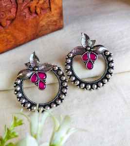 Silver-Toned <b>Floral</b> Chandbalis Earrings with stone Oxidised Earrings With Hanging Pearls for women & Girls Perfect <b>Jewellery</b> - Product Image 3