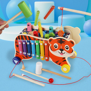 Montessori Educational Activity Toy 7 in 1 Wooden <strong>Pull</strong> Along Car Fishing <strong>Catching</strong> Music Hammer Pounding Toys for Kids Boys Girls - Product Image 3