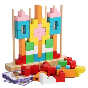 Puzzle en bois 3D à colonnes, blocs géométriques colorés avec cartes à motifs, jouet éducatif pour enfants - Product Image 6