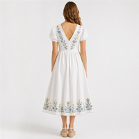 Robe décontractée pour femme, col plongeant en V, manches bouffantes, broderie florale, robe midi, coton 220GSM, coupe trapèze, logo personnalisé OEM, robe décontractée