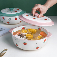 Ménage Binaural Pot 1.5L Chinois De Service En Céramique Grands Bols À Soupe Bol À Pâtes En Grès Vert Avec Couvercle