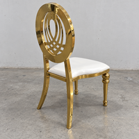 Chaise de banquet ovale en acier inoxydable doré avec dossier sculpté et assise en cuir PU