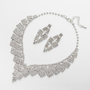 WN060 Conjunto de joyería nupcial de alta calidad Conjunto de collar y pendientes de diamantes de imitación transparente Conjunto de joyería de boda al por mayor - Product Image 1