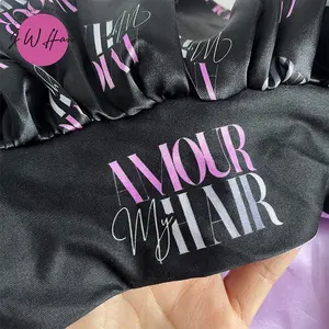 All Over Logo Printed Purple Short Tie Bonnet Custom Spandex Tie Long Hair Bonnet For Night Sleep