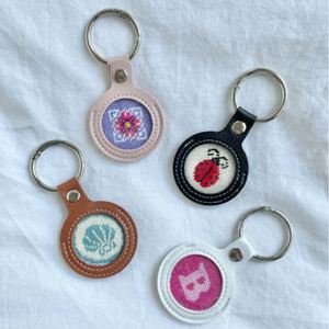 PU Leather Self-Finishing Round Key Fob Needlepoint <b>Keychain</b> Stocked Colorful Needlepoint Case - Product Image 2