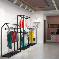 Porte-vêtements moderne sur pied en acier inoxydable et MDF plaqué, avec étagères amovibles à niveaux, montage facile, personnalisable pour magasin de détail