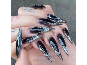 24 <span class=keywords><strong>Uñas</strong></span> Postizas Largas y Puntiagudas con Lámina Plateada, <span class=keywords><strong>Uñas</strong></span> Acrílicas a Presión, <span class=keywords><strong>Uñas</strong></span> Artificiales, <span class=keywords><strong>Uñas</strong></span> Falsas 3526 - Product Image 1