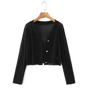 Runqi Cardigan en tricot transparent pour femme, grande taille, noir pailleté, veste de protection solaire d'été N8381 - Product Image 4