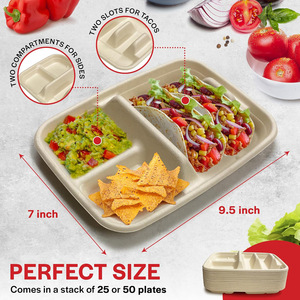 Plateau à tacos jetable en bagasse de canne à sucre, biodégradable et compostable, à 2 compartiments - Product Image 3