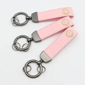 Free Sample Custom Keyring Open Ring PU Leather Gold Embroidery Stitching Keychain For Car Keys