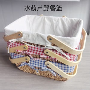 Cestas de Picnic al por Mayor, Rectangulares, Tejidas de Paja, con Asas de Madera, Forro a Cuadros Blanco, Azul y Rojo, Cesta de Almacenamiento Práctica - Product Image 4