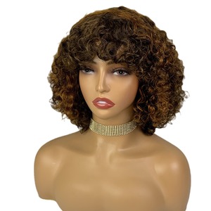 Perruques Bob Courtes Bouclées en Cheveux Humains Bruts Sans Dentelle, Fabriquées à la Machine, Densité 200%, Couleur Mèches, <span class=keywords><strong>Avec</strong></span> <span class=keywords><strong>Frange</strong></span>, 10 Pouces, Brun/Blond, Transfrontalier - Product Image 5