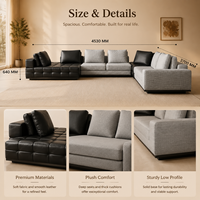 Canapé modulaire en forme de L moderne et écologique avec chaise longue en cuir véritable, sièges en tissu gris garnis d'éponge pour appartement et hôtel
