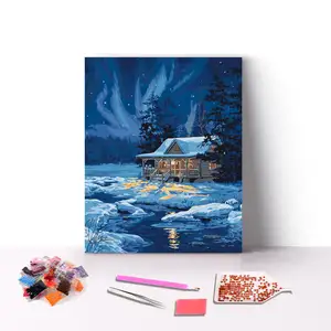 个人图片定制冬夜雪湖屋场景全钻5D DIY儿童钻石画