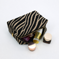 Sac de maquillage personnalisé en gros avec logo imprimé zèbre, pochette cosmétique en textile tissé noir et beige pour femme, voyage, luxe