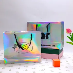 Custom Glitter Paper Bags Fabricante Para Embalagem De Presente Laser Cut Presente Sacos De Papel Holográficos Com Alças