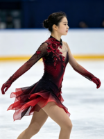 Robe de patinage artistique à col dégradé rouge vin et noir, manches longues, maille florale 3D, dos ouvert, pour compétition et spectacle