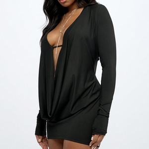 เดรสสั้นคอวีลึกสำหรับผู้หญิง ฤดูใบไม้ผลิ/ฤดูร้อน ปี 2025 สไตล์เซ็กซี่ ฮิปสเตอร์ คอปกสวิง แขนยาว ทรงเข้ารูป เหมาะสำหรับใส่ไปไนต์คลับ - Product Image 2