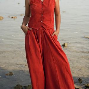 Ensemble en lin pour femme, collection été 2025, vente chaude OEM, décontracté, 2 pièces, haut et robe, sans manches, en coton, motif uni - Product Image 2