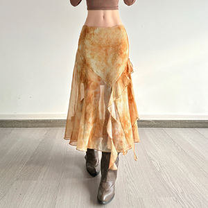 กระโปรงมิดิทรงเอวธรรมชาติสไตล์อเมริกันวินเทจ แต่งระบายลายดอกไม้แบบอสมมาตร แฟชั่นสตรีทสไตล์สำหรับผู้หญิง - Product Image 2