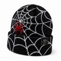Bonnet unisexe noir en tricot motif toile d'araignée, motif jacquard Halloween, hiver, revers personnalisé, étiquette de revers, vente en gros, approvisionnement en vrac