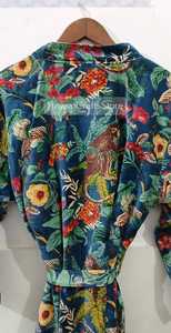 Floral Print Maxi Robe Loose Fit <b>Three</b> Quarter Sleeve Collared Neck Woven Velvet Casual Summer Dressing Gown With Belt - Product Image 5