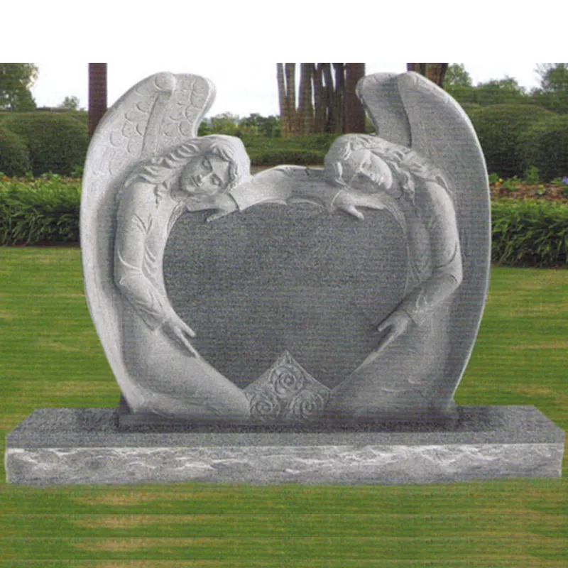 Taş oyma çift melek granit mezar taşı kalp şeklinde aile mezar